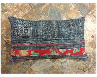 Vintage Handmade Tribal Hmong Thai batik hemp cotton pillow cover