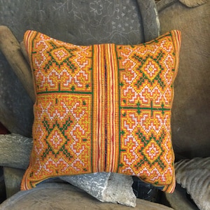 Vintage Handmade Hmong hemp  cotton embroidered pillow cover in the north of Vietnam