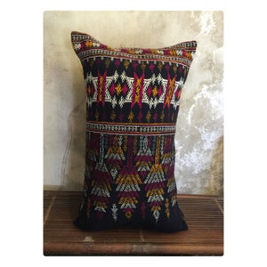 Vintage handmade Red Dao embroidered cotton pillow cover in Tuyen Quang area,in the north of Vietnam
