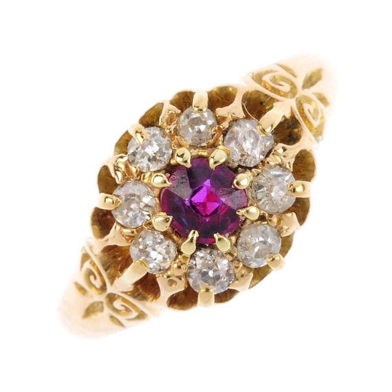 Antique Ruby and Diamond Cluster Ring, Halo Ring,
