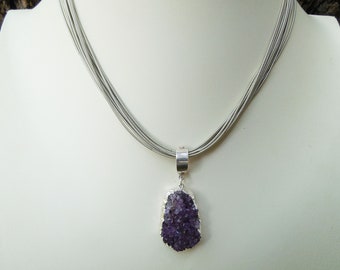 Amethyst Druzy Pendant on Piano Wire Necklace - Silver Piano Wire - Statement Necklace - Amethyst Jewelry - February Birthstone - Wife Gift