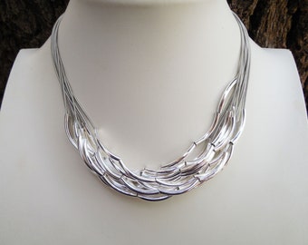 Piano Wire Necklace - Silver Tube Beads - Slate Piano Wire - Multi-Strand Necklace - Statement Necklace - Date Night Jewelry - Gift For Her