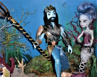 1/6 schaal OOAK Monster High poppen herschilderd zeemeermin zeemeermin octopus slang sirene rif Waterman POSEIDON oceaan onderwater diorama set