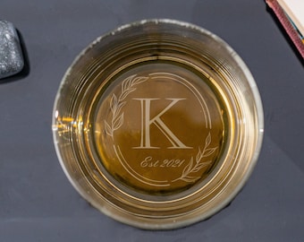 Monogrammed Whiskey Glasses, Engraved Bourbon Glass, Bottom of Scotch Glass, Bottom Engraved, Single Letter and Wreath Monogram, Established