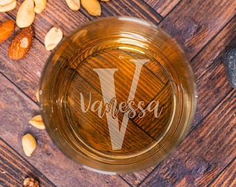 Rocks Whiskey Glass, 11 Ounce Glass, Personalized Engraved Glass, Laser Etched Monogram, Monogram Engraved on Bourbon Glass, Bottom of Glass