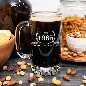Personalized 40th Birthday Beer Mug, 1985 or Any Year, Beer Stein Gift for Men, Father, Husband, or Brother, Engraved Glass Mug 16oz or 25oz
