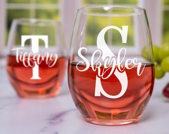 Custom Wine Glass, Custom Bridesmaid Glasses, Personalized Wine Glass, Custom Stemless Wine Glass, Stemless Wine Glass, Monogram Wine Glass