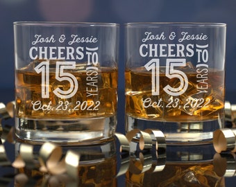 15 Year Anniversary, Set of 2 Glasses, Gift for Husband, Gift for Him, Whiskey Lover Gift, Etched Bourbon Glass for Him, Scotch Glass, 15th