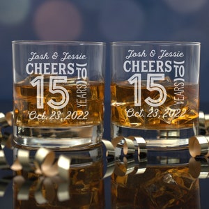 15 Year Anniversary, Set of 2 Glasses, Gift for Husband, Gift for Him, Whiskey Lover Gift, Etched Bourbon Glass for Him, Scotch Glass, 15th
