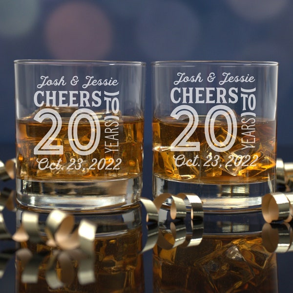 20 Year Anniversary, Set of 2 Glasses, Gift for Husband, Gift for Him, Whiskey Lover Gift, Etched Bourbon Glass for Him, Scotch Glass, 20th