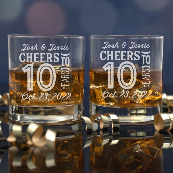 10 Year Anniversary, Set of 2 Glasses, Gift for Husband, Gift for Him, Whiskey Lover Gift, Etched Bourbon Glass for Him, Scotch Glass, 10th