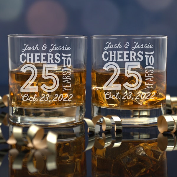 25 Year Anniversary, Set of 2 Glasses, Gift for Husband, Gift for Him, Whiskey Lover Gift, Etched Bourbon Glass for Him, Scotch Glass, 25th
