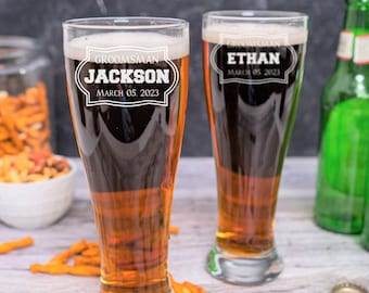 Personalized Pilsner Glasses Set of 8, Personalized Glasses, Groomsmen Gift, Engraved Beer Glasses, Custom Beer Glass, Pilsner Glass, Etched