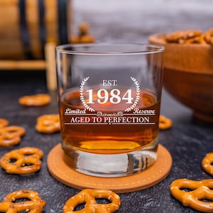 1984 Birthday Gift, Whiskey Birthday Glass, Established 1984, Bourbon Rocks Glass, Birthday Gift for Him, Scotch Glass for Guys, Est 1984