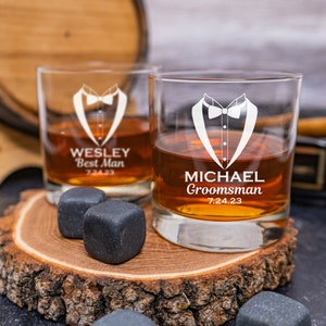 Rocks Glasses Set of 8, Engraved Glasses, Scotch, Groomsmen Gifts, Wedding Party Glasses, Etched Glasses, Personalized Glassware, Groom Gift