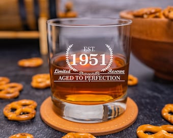 1951 Birthday Gift, Whiskey Birthday Glass, Established 1951, Bourbon Rocks Glass, Birthday Gift for Him, Scotch Glass for Guys, Est 1951