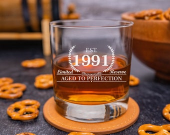 1991 Birthday Gift, Whiskey Birthday Glass, Established 1991, Bourbon Rocks Glass, Birthday Gift for Him, Scotch Glass for Guys, Est 1991