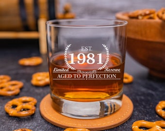 1981 Birthday Gift, Whiskey Birthday Glass, Established 1981, Bourbon Rocks Glass, Birthday Gift for Him, Scotch Glass for Guys, Est 1981