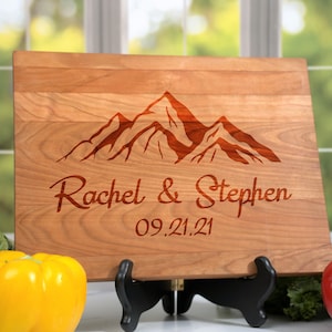 Personalized Mountain Theme Cutting Board, Gift for Couples that Enjoy Camping or Hiking, , Engraved Serving Board, Rustic Housewarming Gift