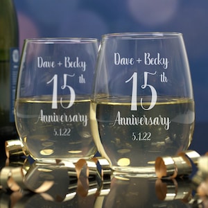 15 Year Wedding Anniversary Stemless Wine Glasses, Set of 2 Wine Tumblers, Gift for Her, Anniversary Present for Mom, Etched Glass for Woman