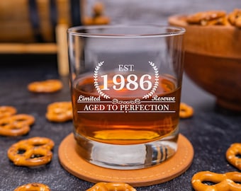 1986 Birthday Gift, Whiskey Birthday Glass, Established 1986, Bourbon Rocks Glass, Birthday Gift for Him, Scotch Glass for Guys, Est 1986
