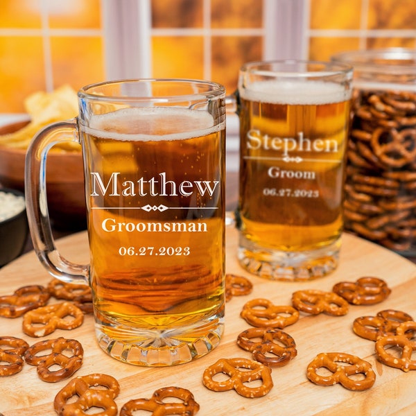 Beer Mugs Set of 6, Home Bar, Groomsman Gifts, Gift For Him, Engraved Glasses, Personalized Beer Mugs, Custom Glassware, Wedding Party Gifts