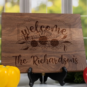 Kitchen Cutting Board with Sunflowers, Engraved Cutting Board, Personalized Kitchen Decor, Custom Family Name, Maple, Cherry, or Walnut Wood