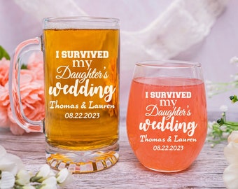 I Survived My Daughter's Wedding Glass Set, Gift for Parents, Gift for Mom, Mother of the Bride, Father of the Bride, Mother of the Groom