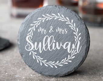 Personalized Drink Coasters, Wedding Gift, Table Coaster, Custom Stone Coaster, Slate Coaster, Newlywed Gift Idea, Engagement, Anniversary