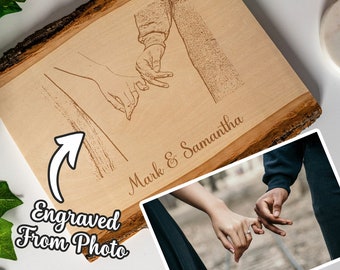 Romantic Gift for Couple, 5 Year Wood Anniversary, Engraved Photo from Wedding Day, Custom Wedding Day Portrait Engraved in Rustic Plaque