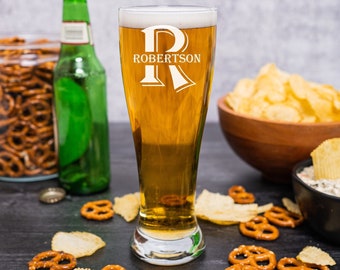 Etched Pilsner Glass Set of 2, Custom Pilsner Glasses, Personalized Beer Glass, Custom Beer Glasses, Personalized Groomsmen Glass, Monogram