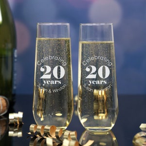 20 Year Celebration, Stemless Champagne Flutes, 20th Anniversary, Anniversary Gifts, Married Couple Gift, Toasting Glasses, Engraved Present