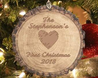 Rustic Wood Ornament - Wedding Gift - Couples First Christmas - Christmas Tree Decoration - Xmas Decor - Custom Couple Gift - Holiday Decor