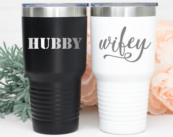 Honeymoon Tumblers, Engraved Travel Mug, Groom Gift, Wife Gift, Wife to Be, Wine Tumbler, Coffee Tumbler for Couple, Cute Matching Tumblers