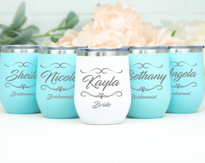Bridesmaid Tumblers, Wine Tumbler with Lid, Bridal Shower, Personalized Bridesmaid Gift, Monogram Gift, Maid of Honor, Custom Engraved Gifts