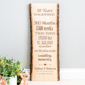 May include: A wooden anniversary sign with a natural edge, engraved with the words "30 Years Together" and a list of time measurements. The sign includes the names "Nathan & Rebecca" and the date "September 12, 2022".