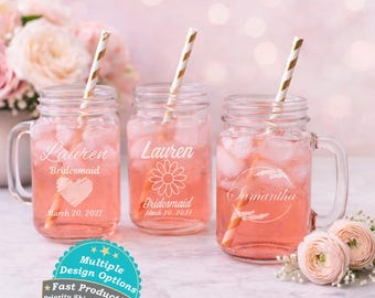 Personalized Mason Jar Glass – Rustic Bridesmaid Gift – Custom Wedding Party Drinkware