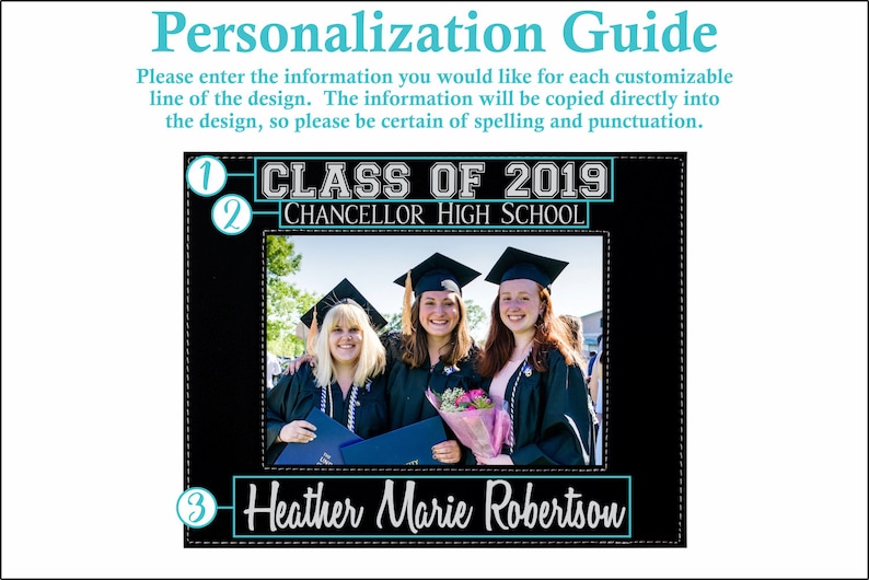 K&ouml;nnte beinhalten: Ein schwarz-wei&szlig;er Abschlussfoto-Rahmen mit schwarzem Hintergrund und wei&szlig;em Text. Der Text lautet "Class of 2019" und "Chancellor High School". In der Mitte des Rahmens ist Platz f&uuml;r ein Foto. Am unteren Rand des Rahmens ist Platz f&uuml;r einen Namen, der "Heather Marie Robertson" lautet.