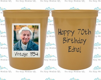 70th Birthday Party Cups, Personalized Birthday Stadium Cup, Plastic Birthday Decorations, Vintage 1955, Custom Face Party Cup, UV Printed
