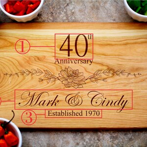 May include: A wooden cutting board with a floral design engraved on it. The board is personalized with the text "40th Anniversary", "Mark & Cindy", and "Established 1970".