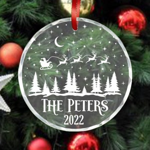 Custom Family Christmas Ornament, Crystal Engraved Gift, First Christmas, Family Christmas Gift, Family Glass Ornament, Santa and Reindeer