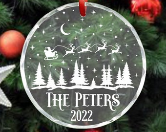 Custom Family Christmas Ornament, Crystal Engraved Gift, First Christmas, Family Christmas Gift, Family Glass Ornament, Santa and Reindeer