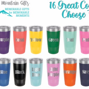 May include: A collection of sixteen insulated tumblers in various colors, including grey, purple, coral, yellow, green, teal, pink, red, maroon, blue, black, light blue, light purple, orange, navy, and white. Each tumbler has a silver lid and the color name printed on the front.