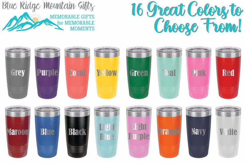 May include: A collection of sixteen insulated tumblers in various colors, including grey, purple, coral, yellow, green, teal, pink, red, maroon, blue, black, light blue, light purple, orange, navy, and white. Each tumbler has a silver lid and the color name printed on the front.