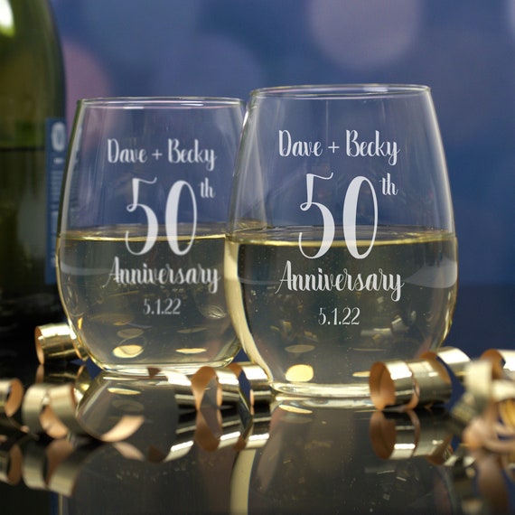 50 Year Wedding Anniversary Stemless Wine Glasses, Set of 2 Wine Tumblers, Gift for Her, Anniversary Present for Mom, Etched Glass for Woman