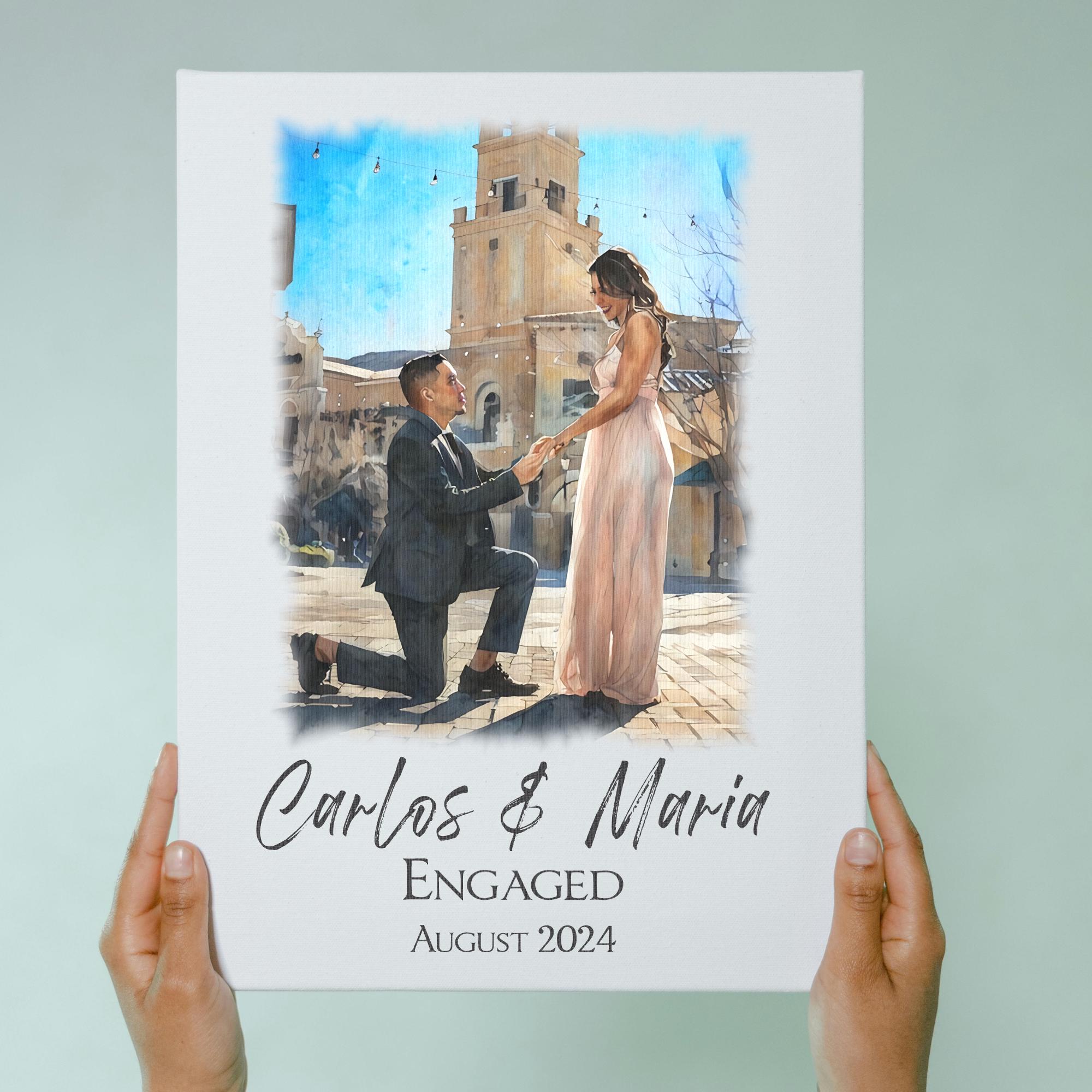 Toile aquarelle personnalisée pour portrait de fiançailles | Tableau personnalisé couple | Cadeau de fiançailles pour jeunes mariés | Déco murale romantique