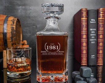 1981 Birthday Decanter, Whiskey Decanter & Whiskey Glasses, Spirits Decanter, Milestones, Bourbon, Established 1981, Birthday Gift for Him