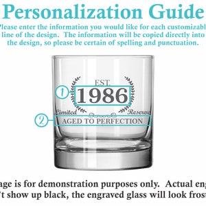 May include: A clear glass tumbler with a frosted design. The design includes the text "EST. 1986" and "AGED TO PERFECTION".