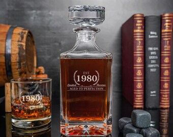 1980 Birthday Decanter, Whiskey Decanter & Whiskey Glasses, Spirits Decanter, Milestones, Bourbon, Established 1980, Birthday Gift for Him