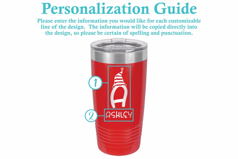 May include: Red stainless steel tumbler with a white design of a letter A wearing a striped hat and the name "ASHLEY" below it.